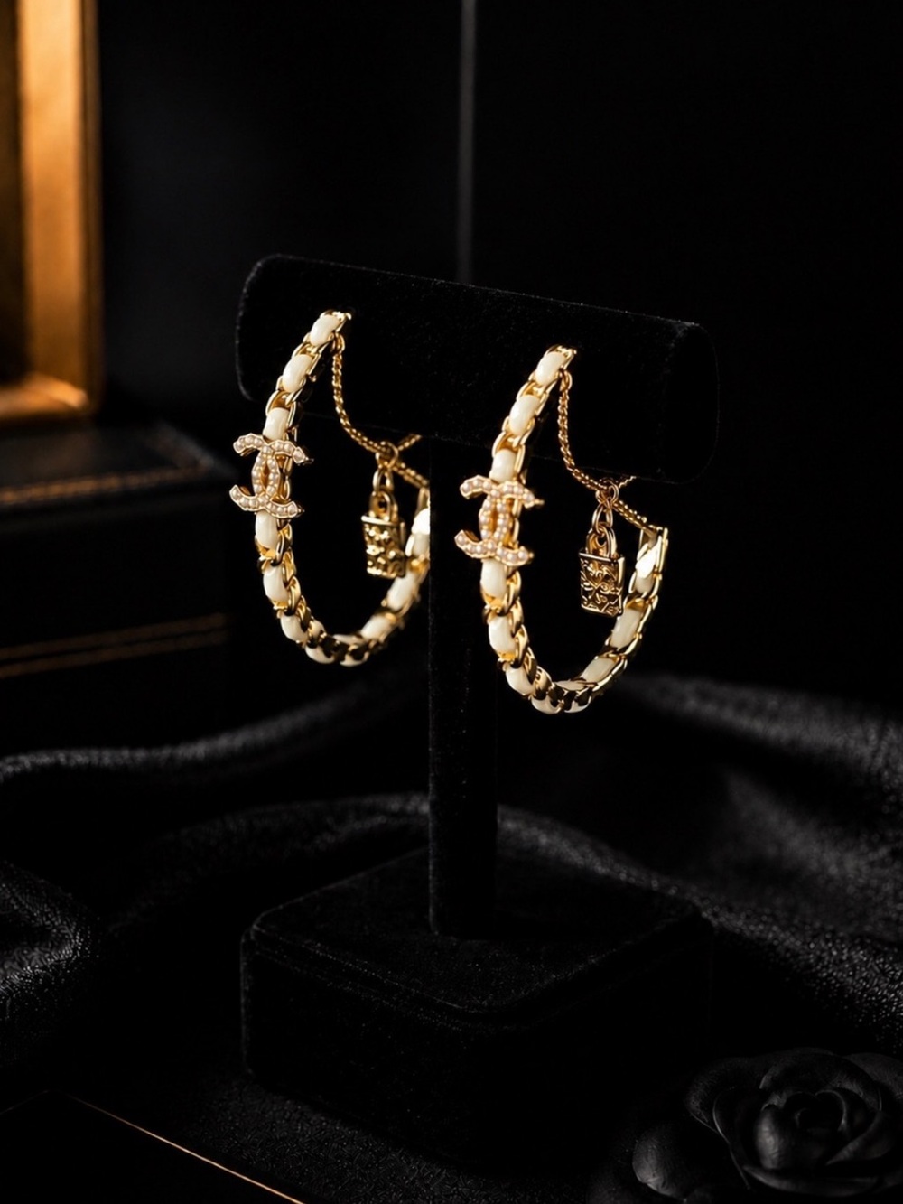 Gold and White CC Logo Hoop Earrings with Charm